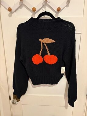 NWT Maeve Black Knit Crewneck Sweater with Cherry Graphic